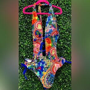 BN!!! Royal Blue Orange Yellow Multi Print Swimsuit Size XL, but more like a LRG